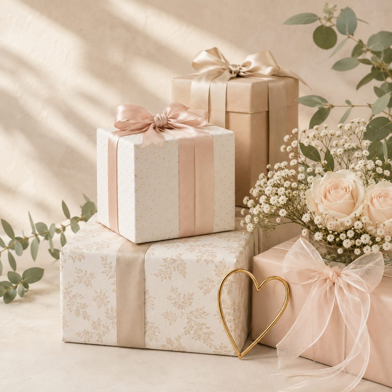 Gifts wrapped in blush and champagne ribbons beside white roses and eucalyptus