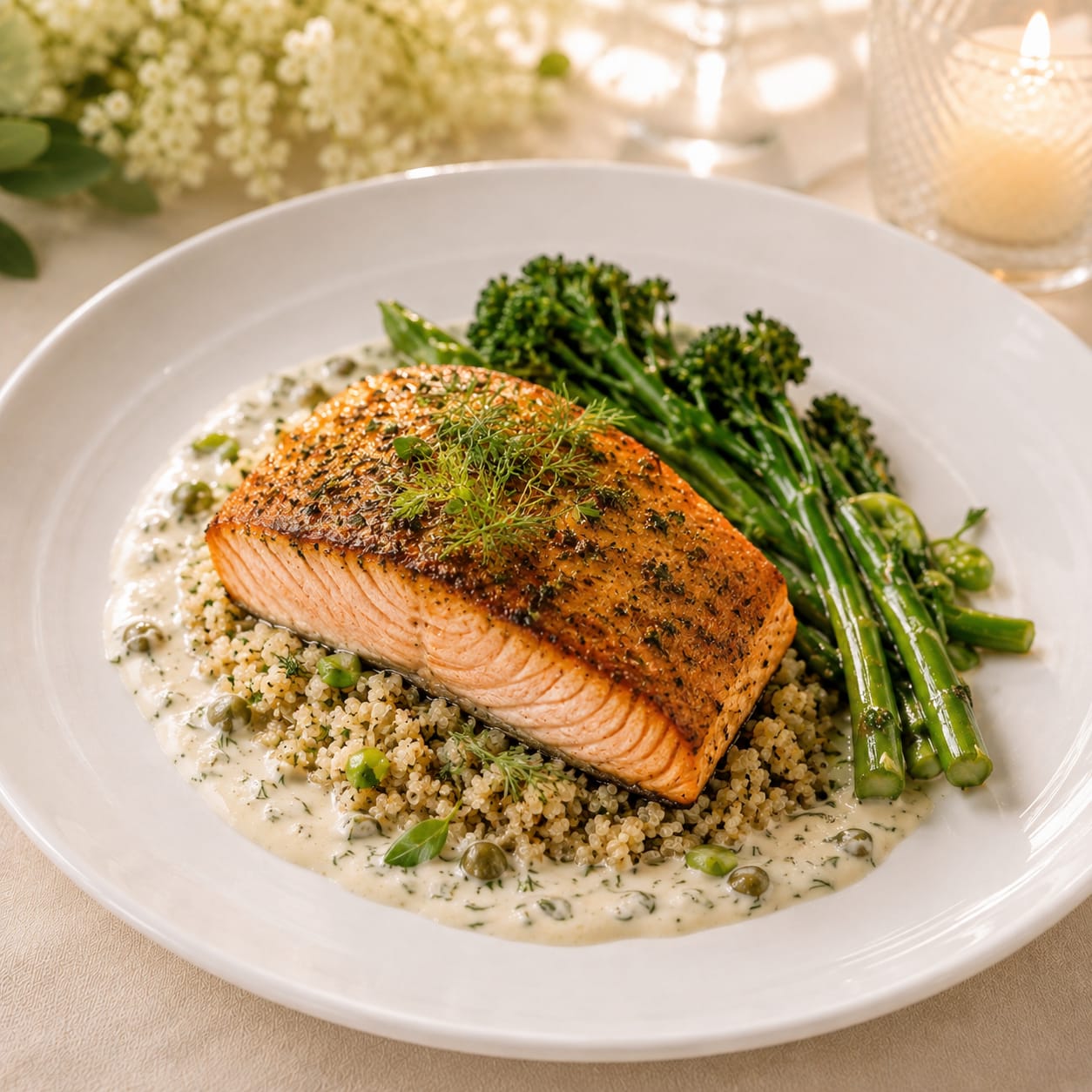 Pan-seared salmon on herbed quinoa with tenderstem broccoli and a dill caper cream