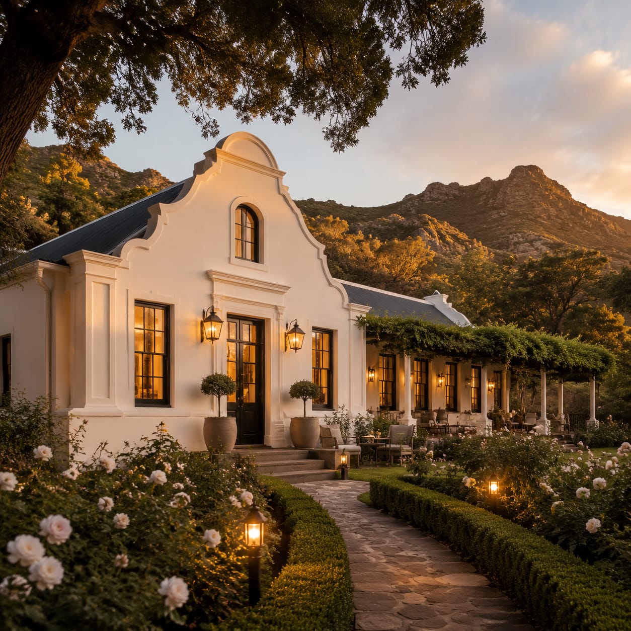 The Cape Dutch homestead at Klipfontein Estate at golden hour, lanterns lit along a rose-lined path